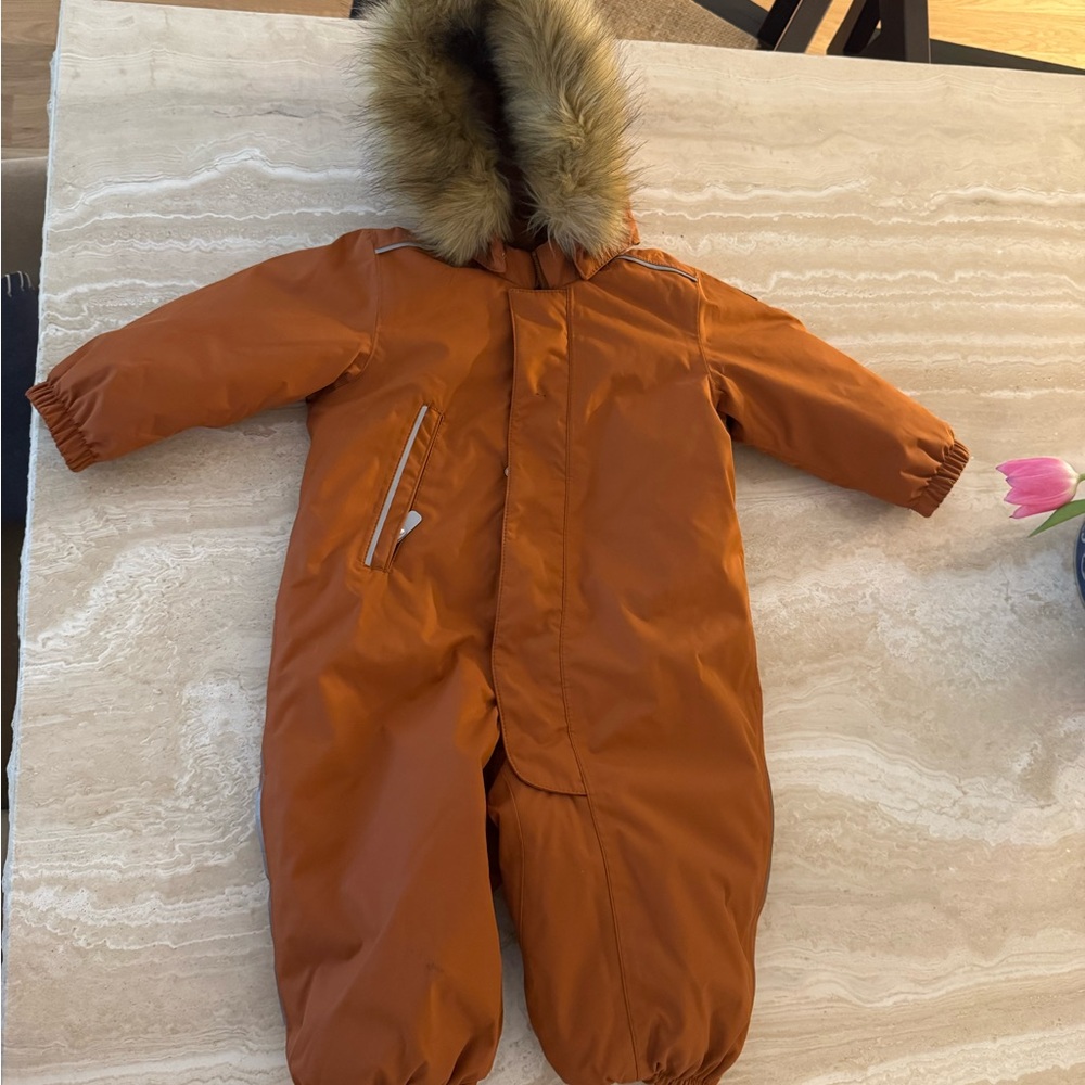 Reima Kids Rust Orange Puffer Snowsuit with Faux Fur Hood